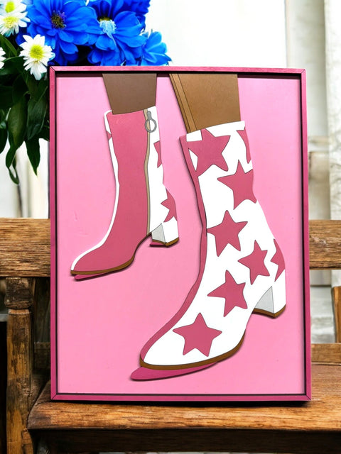 Preppy Pink and White Star Boots, Cute Cowgirl Wall Art for Playful Decor, Perfect Gift for Girly Friends and Cowgirls
