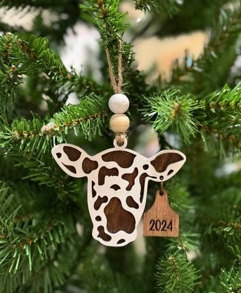 2024 Merry Christmas Cow Ornament  Stain - Without Bow  