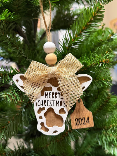 2024 Merry Christmas Cow Ornament  Stain - With Bow  