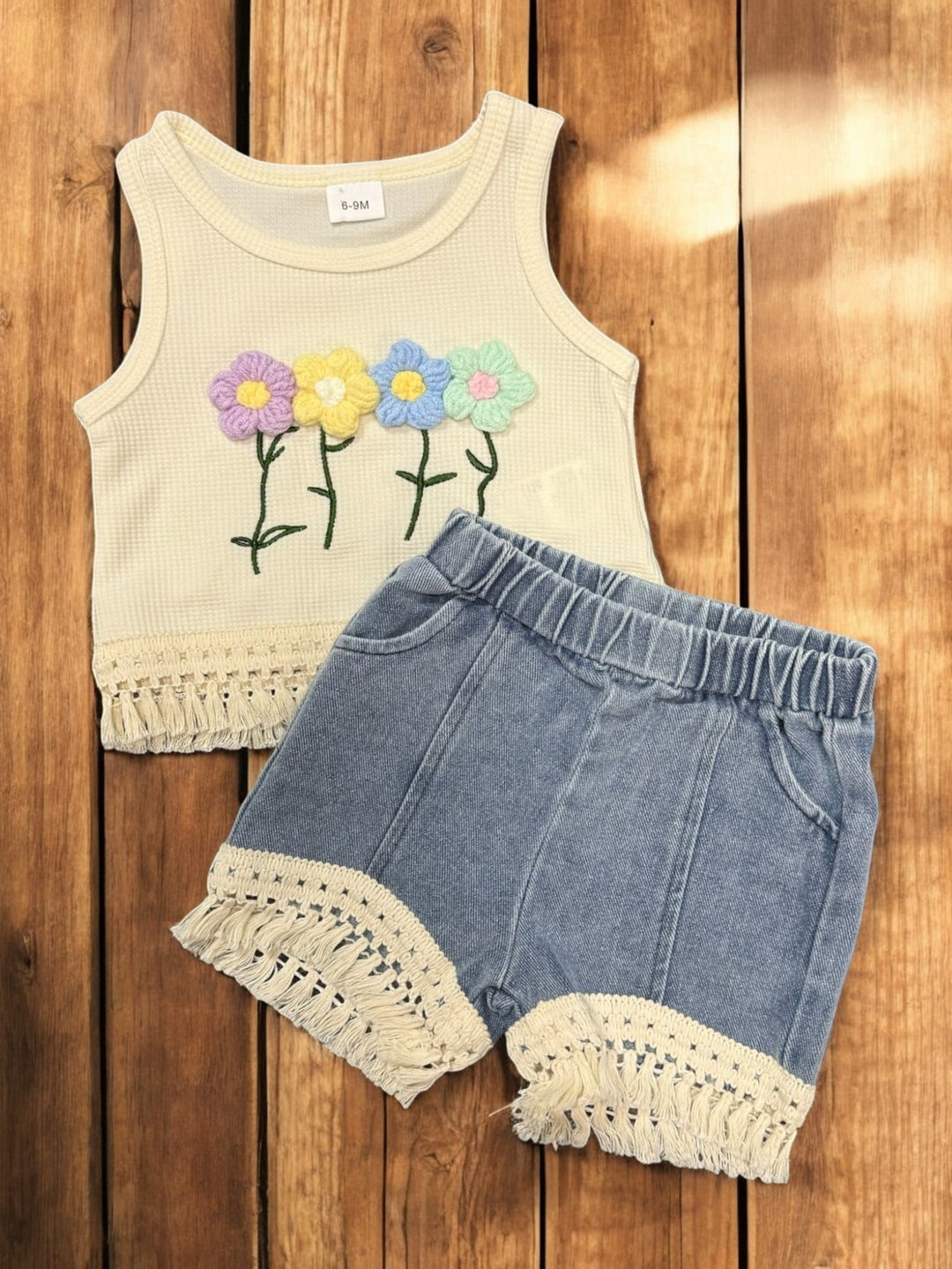 Bohemian Embroidered Baby Girl Clothes Set, 3D Floral Tassel Vest & Denim Shorts, Trendy Toddler Outfit, Adorable Gift Idea Baby Clothes