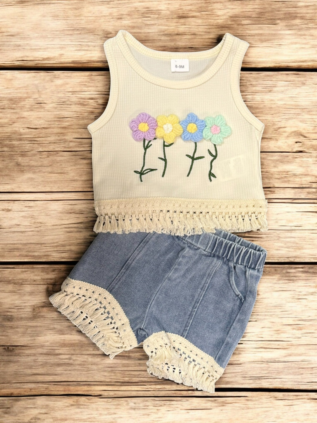 Bohemian Embroidered Baby Girl Clothes Set, 3D Floral Tassel Vest & Denim Shorts, Trendy Toddler Outfit, Adorable Gift Idea Baby Clothes