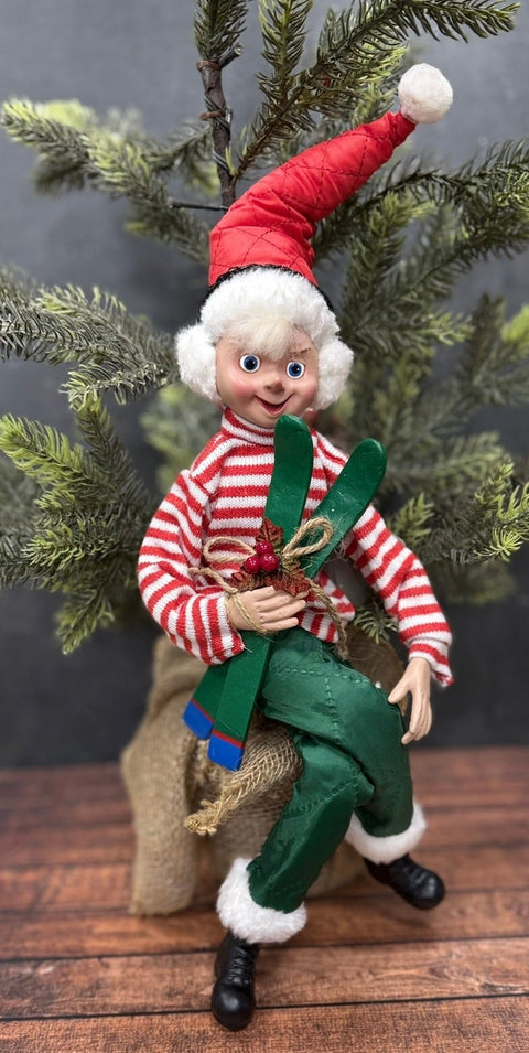 RAZ 16" Skiing Elf - Posable Christmas Decor, Holiday Figurine, Cute Winter Decoration, Festive Elf Decor