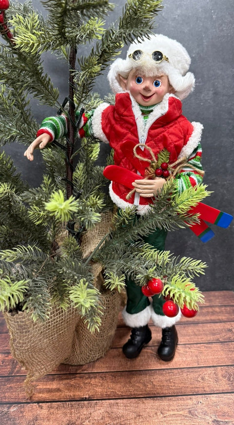 RAZ 16" Skiing Elf - Posable Christmas Decor, Holiday Figurine, Cute Winter Decoration, Festive Elf Decor