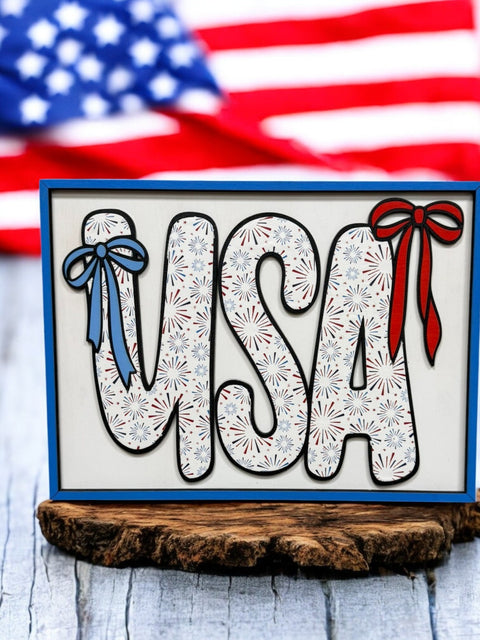 Patriotic Wooden Canvas Frame, Funky Balloon Dogs & Yummy Ice Cream Designs, Perfect Wall Art for Home or Party, Fun Gift for Art Lovers Patriotic Wall Décor USA Bows