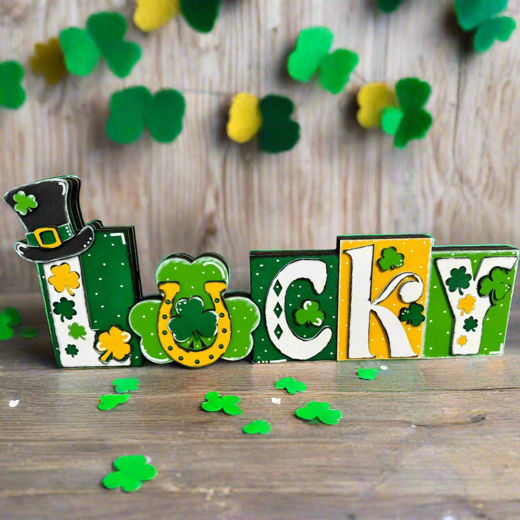 Lucky Word Block Decor, Green & Gold Accent Piece for Home, Boho Lucky Charms, Unique Gift Idea, Positive Energy Decor St. Patrick's Day Shelf Sitter