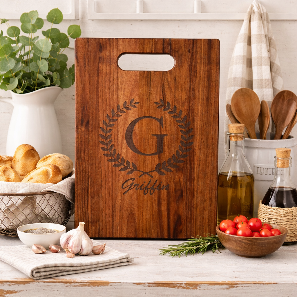 Close-up of a personalized walnut cutting board with custom laser-engraved monogram.

