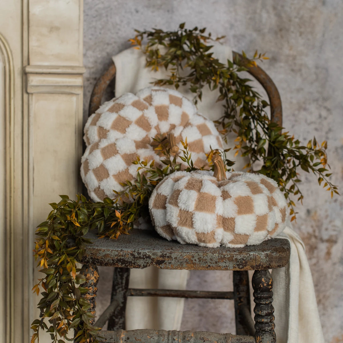 6.5" Brown & Cream Check Fabric Pumpkin