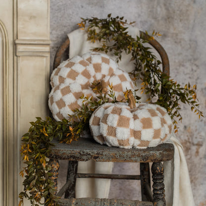 6.5" Brown & Cream Check Fabric Pumpkin