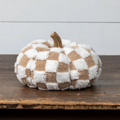6.5" Brown & Cream Check Fabric Pumpkin