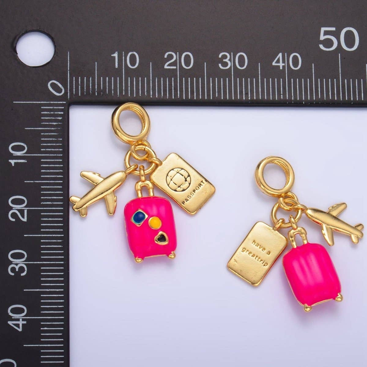 Travel Drop Charm 24K Gold Filled Luggage Passport Airplane Multidimensional Rhondelle - Nifty Decor & More