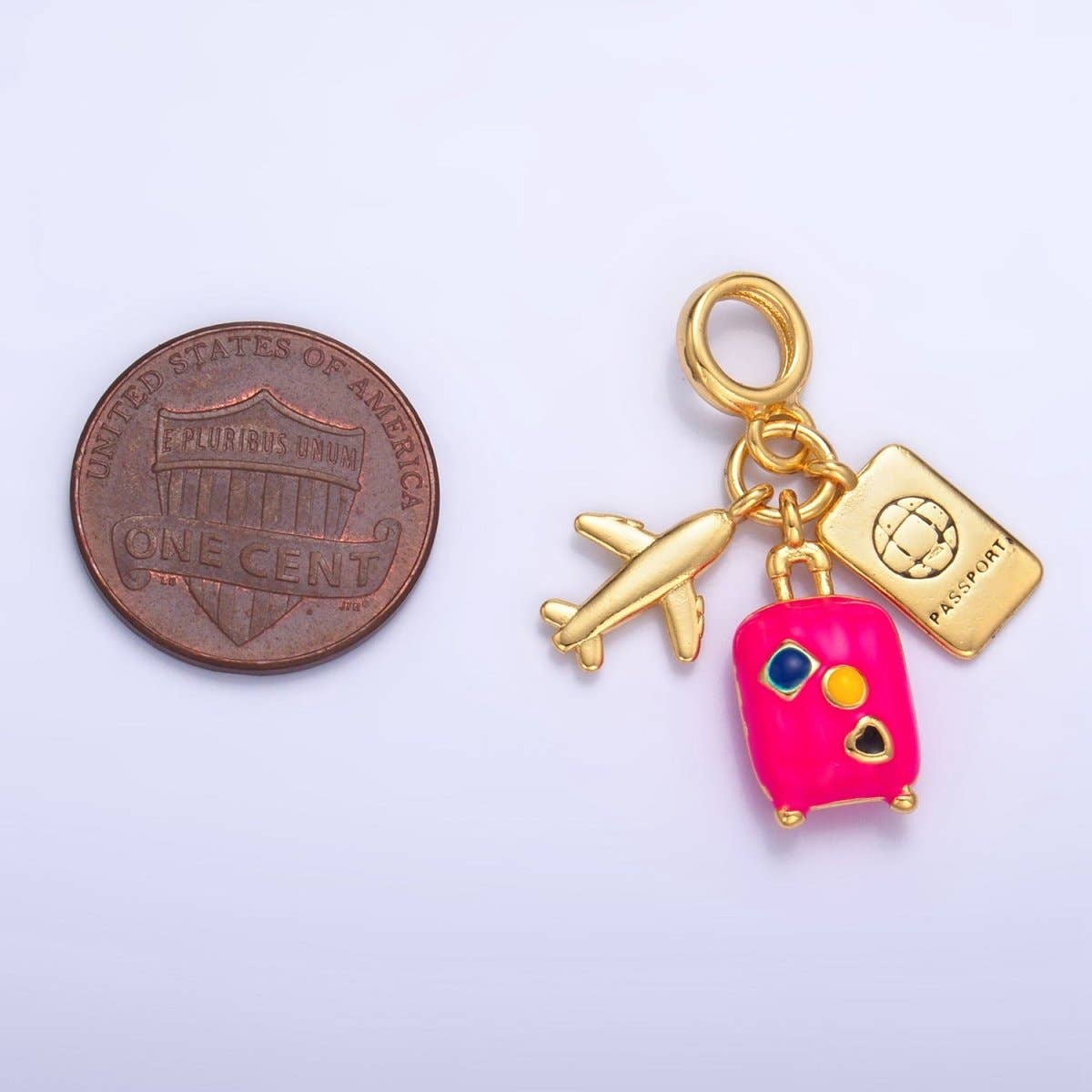 Travel Drop Charm 24K Gold Filled Luggage Passport Airplane Multidimensional Rhondelle - Nifty Decor & More