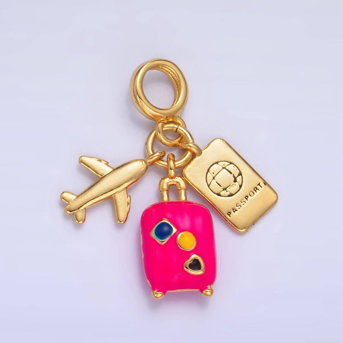 Travel Drop Charm 24K Gold Filled Luggage Passport Airplane Multidimensional Rhondelle - Nifty Decor & More