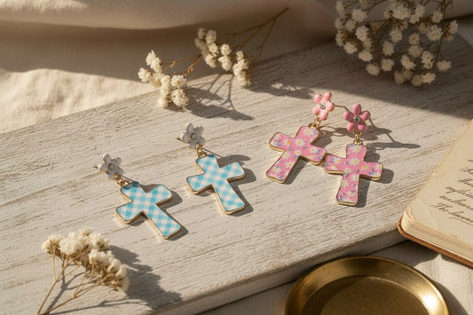 Easter Cross Enamel Pattern Titanium Post Earrings