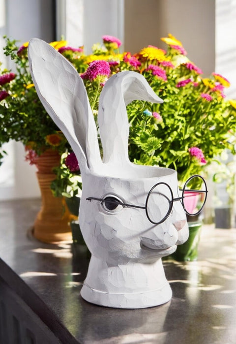 RAZ 15.75" Bunny with Glasses Planter, Cute Resin Rabbit Decor for Home, Unique Easter Gift Idea