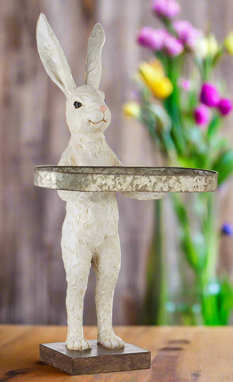 RAZ - 28" Rabbit with Tray | Spring Home Decor | Cute Bunny Figurine for Easter & Spring | Seasonal Decorative Accent Table decor