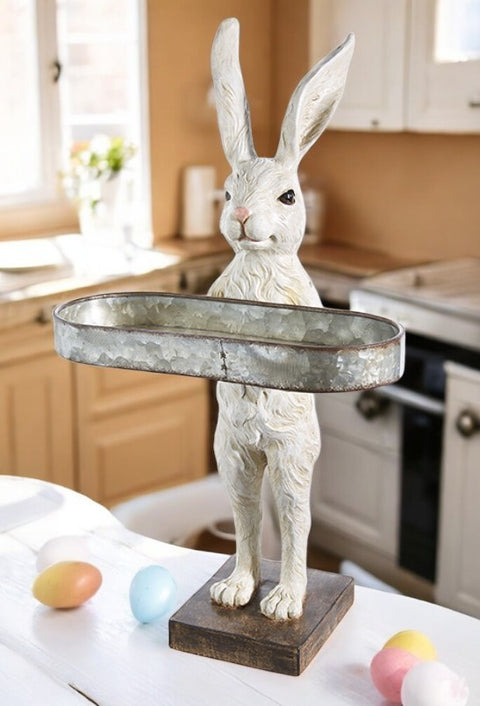 RAZ 18.25" Rabbit with Tray - Easter Decor, Spring Holiday Display, Cute Bunny Figurine for Home, Garden & Gift Table decor