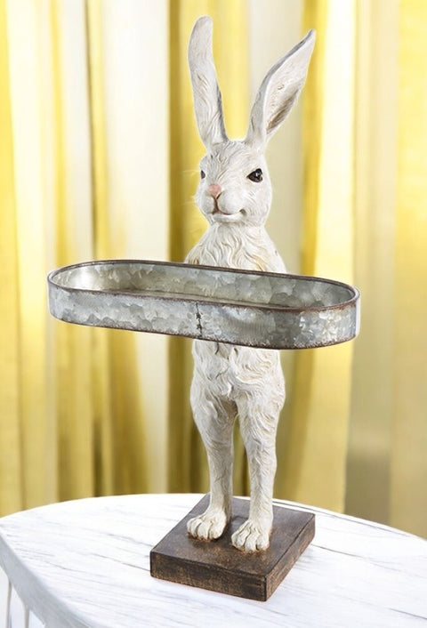 RAZ 18.25" Rabbit with Tray - Easter Decor, Spring Holiday Display, Cute Bunny Figurine for Home, Garden & Gift Table decor