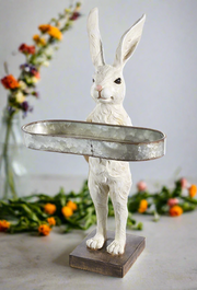 RAZ 18.25" Rabbit with Tray - Easter Decor, Spring Holiday Display, Cute Bunny Figurine for Home, Garden & Gift Table decor