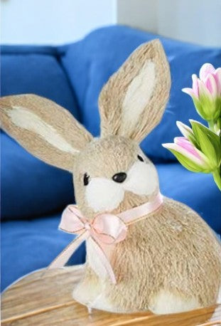 RAZ 7" Brown Sisal Bunny Home Decor, Cute Rabbit Figurine, Easter Decoration, Spring Decor, Country Cottage Style table decor Looking Left