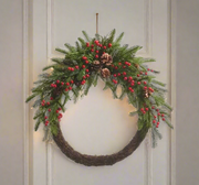 RAZ - 30" Red Berry and Pinecone Mixed Greenery Half Wreath Christmas Wreath