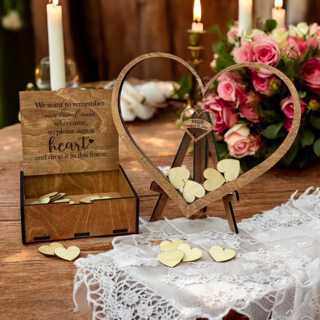 Personalized Wedding Acrylic Wooden Heart Keepsake | Custom Engraved Memory Box & Heart | Unique Guestbook Alternative & Anniversary Decor Supplies