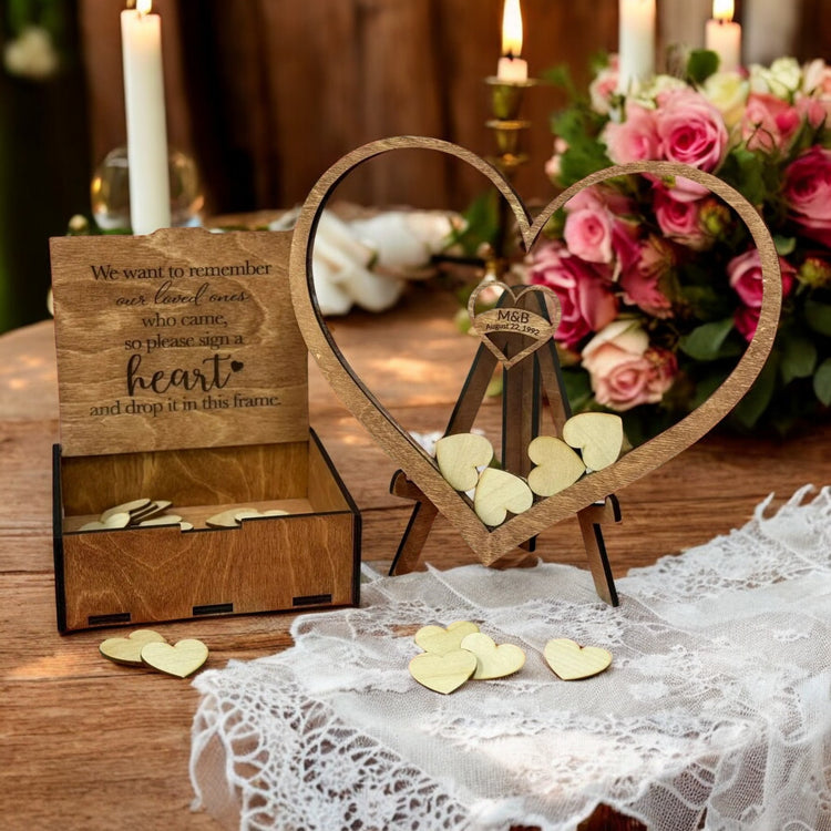 Personalized Wedding Acrylic Wooden Heart Keepsake | Custom Engraved Memory Box & Heart | Unique Guestbook Alternative & Anniversary Decor Supplies