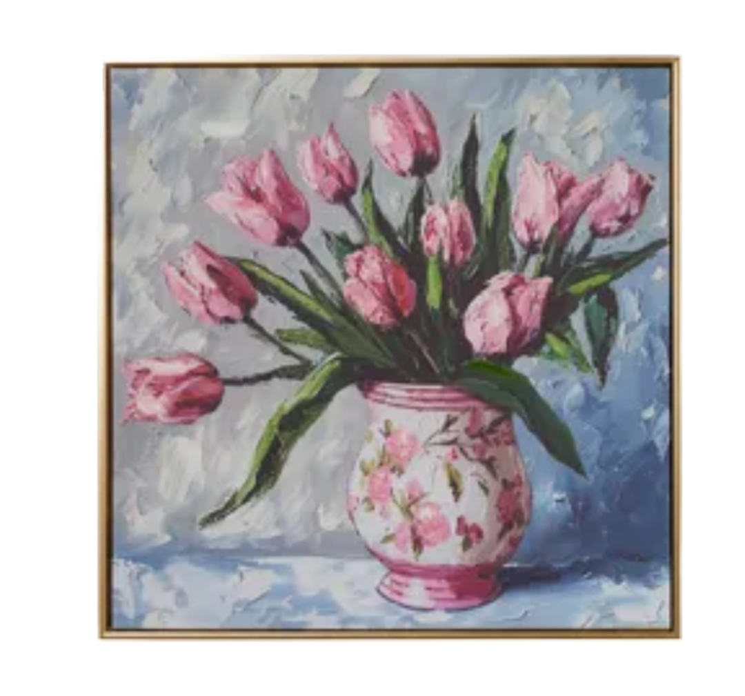 Potted Tulips Framed Wall Art 23.5" in Yellow or Pink Vase, Vibrant Floral Home Decor, Perfect Spring or Elegant Home Decoration Floral Wall Art Pink Vase