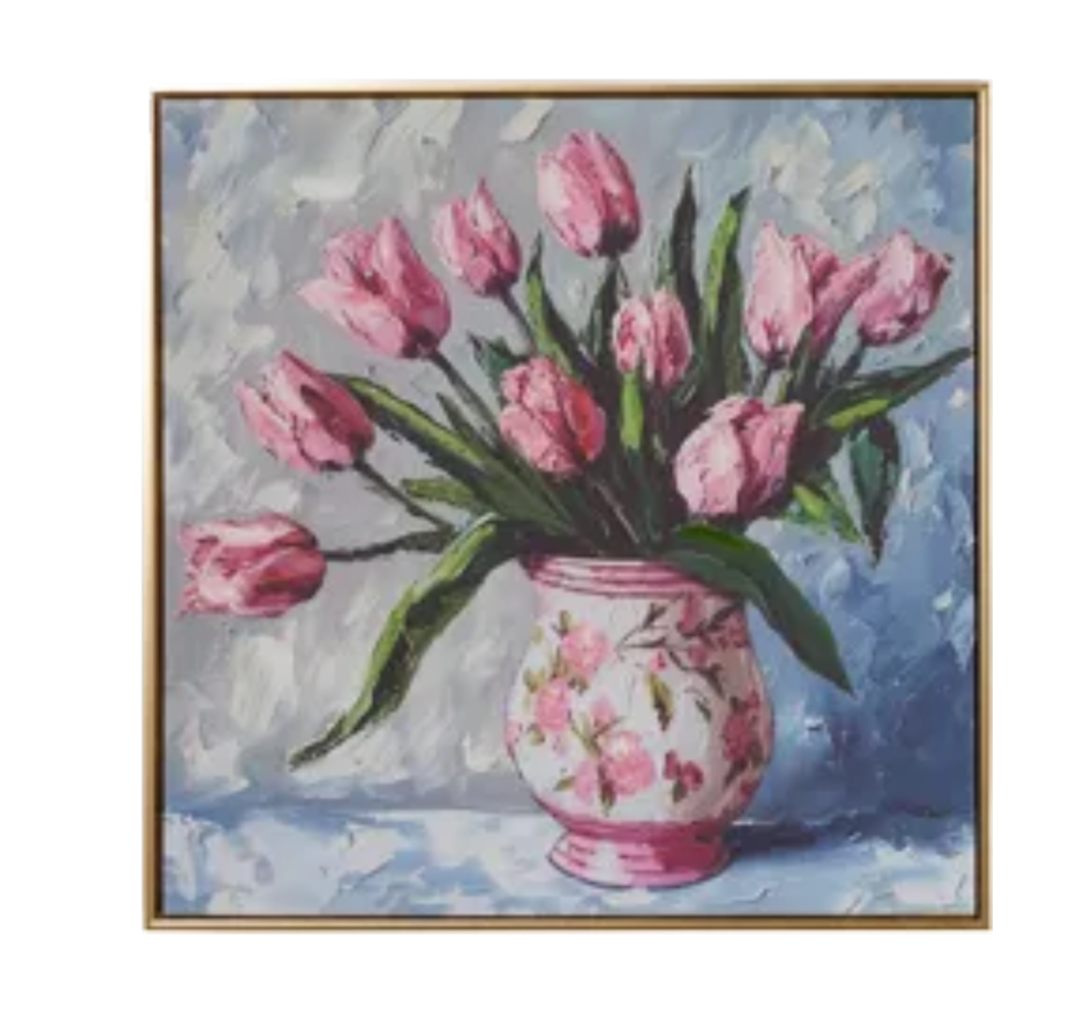 Potted Tulips Framed Wall Art 23.5" in Yellow or Pink Vase, Vibrant Floral Home Decor, Perfect Spring or Elegant Home Decoration Floral Wall Art Pink Vase