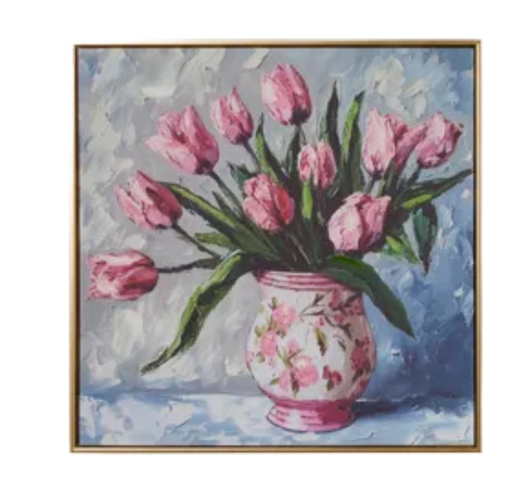 Potted Tulips Framed Wall Art 23.5" in Yellow or Pink Vase, Vibrant Floral Home Decor, Perfect Spring or Elegant Home Decoration Floral Wall Art Pink Vase