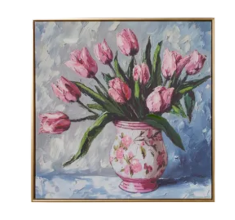 Potted Tulips Framed Wall Art 23.5" in Yellow or Pink Vase, Vibrant Floral Home Decor, Perfect Spring or Elegant Home Decoration Floral Wall Art Pink Vase