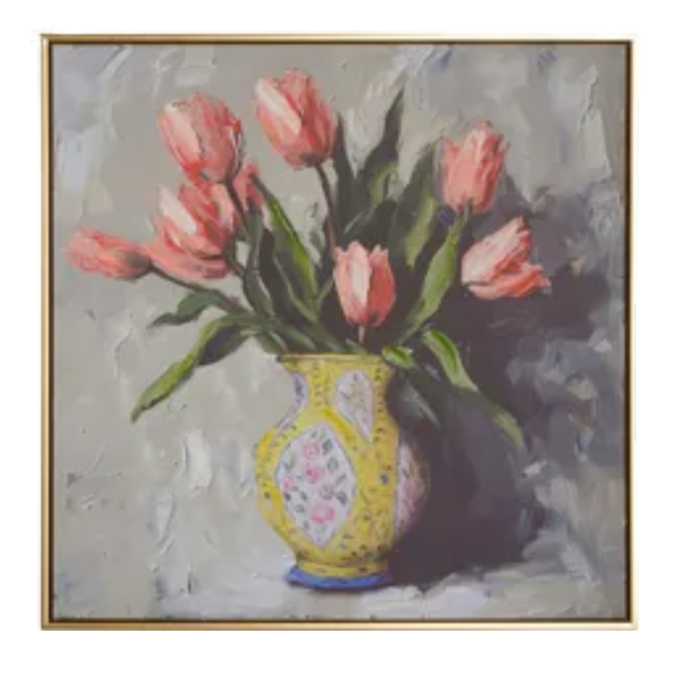Potted Tulips Framed Wall Art 23.5" in Yellow or Pink Vase, Vibrant Floral Home Decor, Perfect Spring or Elegant Home Decoration Floral Wall Art Yellow Vase