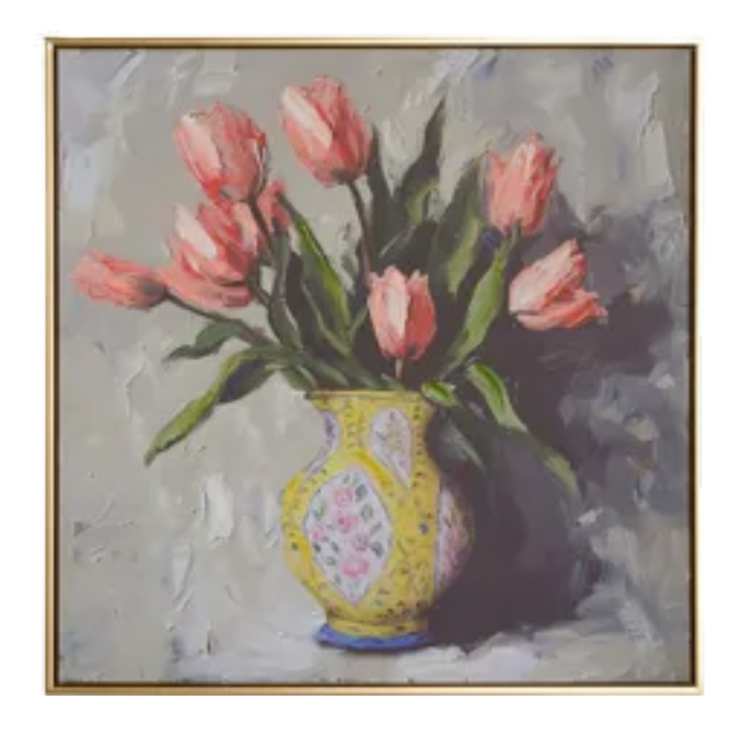 Potted Tulips Framed Wall Art 23.5" in Yellow or Pink Vase, Vibrant Floral Home Decor, Perfect Spring or Elegant Home Decoration Floral Wall Art Yellow Vase