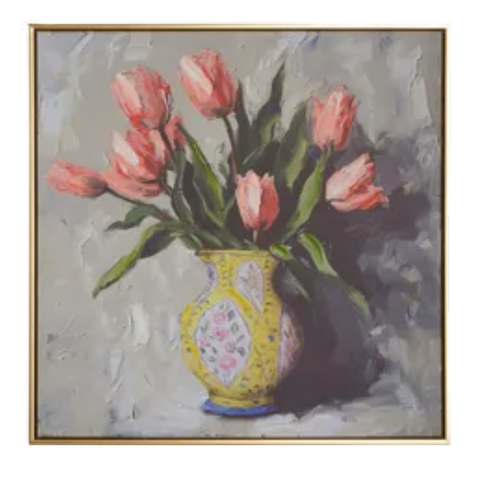 Potted Tulips Framed Wall Art 23.5" in Yellow or Pink Vase, Vibrant Floral Home Decor, Perfect Spring or Elegant Home Decoration Floral Wall Art Yellow Vase