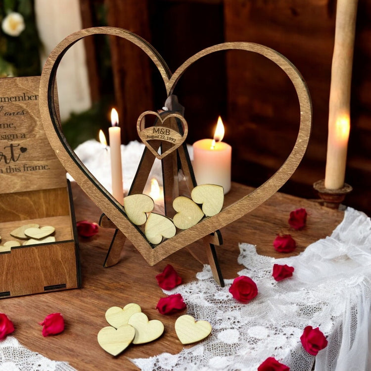 Personalized Wedding Acrylic Wooden Heart Keepsake | Custom Engraved Memory Box & Heart | Unique Guestbook Alternative & Anniversary Decor Supplies
