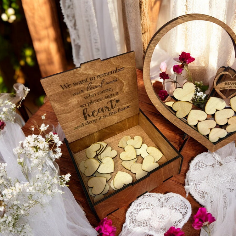 Personalized Wedding Acrylic Wooden Heart Keepsake | Custom Engraved Memory Box & Heart | Unique Guestbook Alternative & Anniversary Decor Supplies