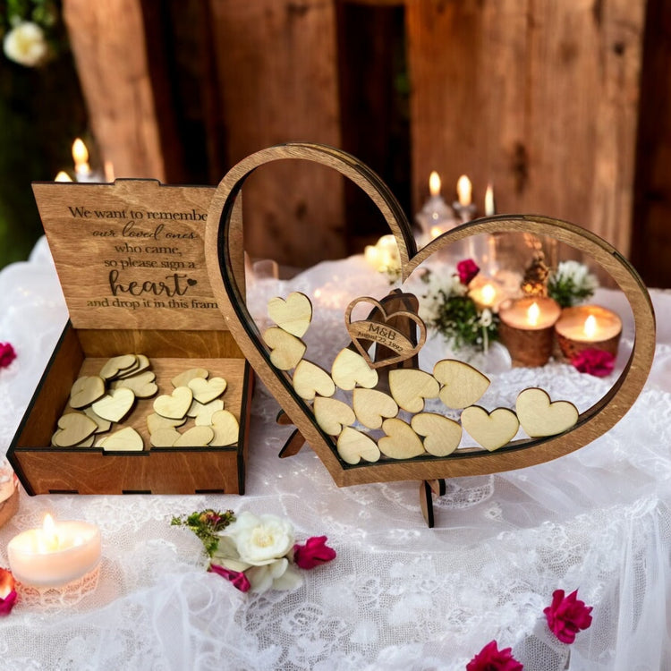 Personalized Wedding Acrylic Wooden Heart Keepsake | Custom Engraved Memory Box & Heart | Unique Guestbook Alternative & Anniversary Decor Supplies
