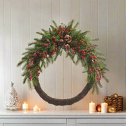 RAZ - 30" Red Berry and Pinecone Mixed Greenery Half Wreath Christmas Wreath