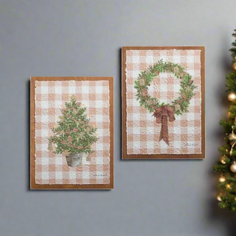 RAZ - 18" Gingerbread Gingham Greenery Textured Paper on Wood Wall Art Wall Decor