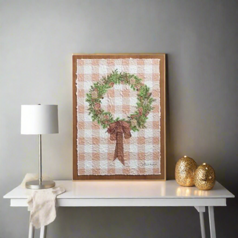 RAZ - 18" Gingerbread Gingham Greenery Textured Paper on Wood Wall Art Wall Decor