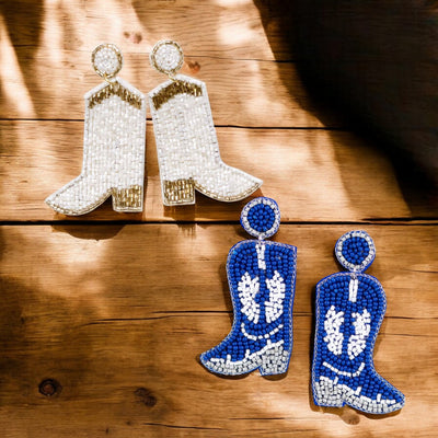 Cowgirl Boots Beaded Earrings, Vibrant Blue & White 2.5" Statement Jewelry for Western Style Lovers, Perfect Gift for Her Chic Earrings