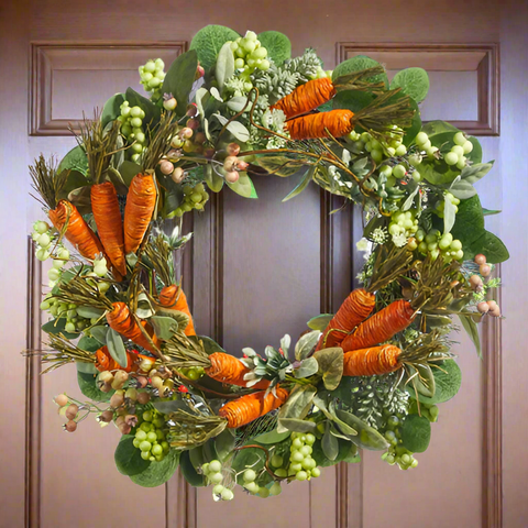 22" Carrot Wreath: Mixed Greenery & Berries Decoration for Spring, Easter, or Home Decor