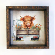 Highland Cow in Truck with Flowers | Rustic Farmhouse Decor | Vintage Animal Art Print | Country Home Wall Art