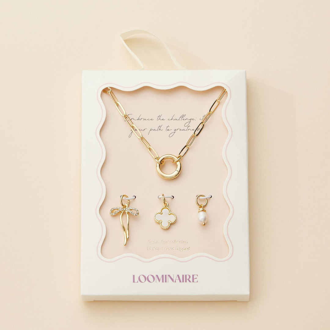 Elegant Gold Dipped Bow Necklace Featuring Clover & Pearl, Charming Addition to Bracelet or Necklace, Gift Idea Necklace