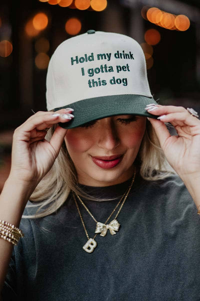 Hold My Drink I Gotta Pet This Dog Vintage Hat, chic girly summer accessory, casual wear, perfect dog lover gift Trucker Hats