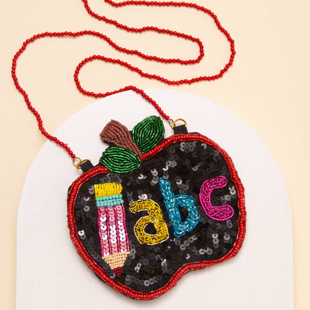 "ABC" Sequin & Seed Beaded Apple Crossbody Bag - Nifty Decor & More