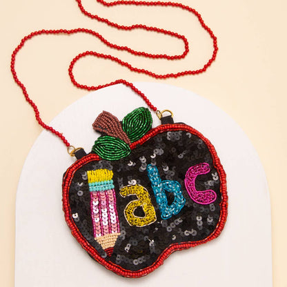 "ABC" Sequin & Seed Beaded Apple Crossbody Bag - Nifty Decor & More