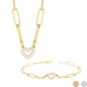 Stone Heart Paperclip Chain 18K Gold PVD Stainless Steel Set Chain Necklace Gold SET