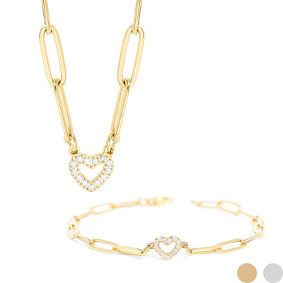 Stone Heart Paperclip Chain 18K Gold PVD Stainless Steel Set Chain Necklace Gold SET