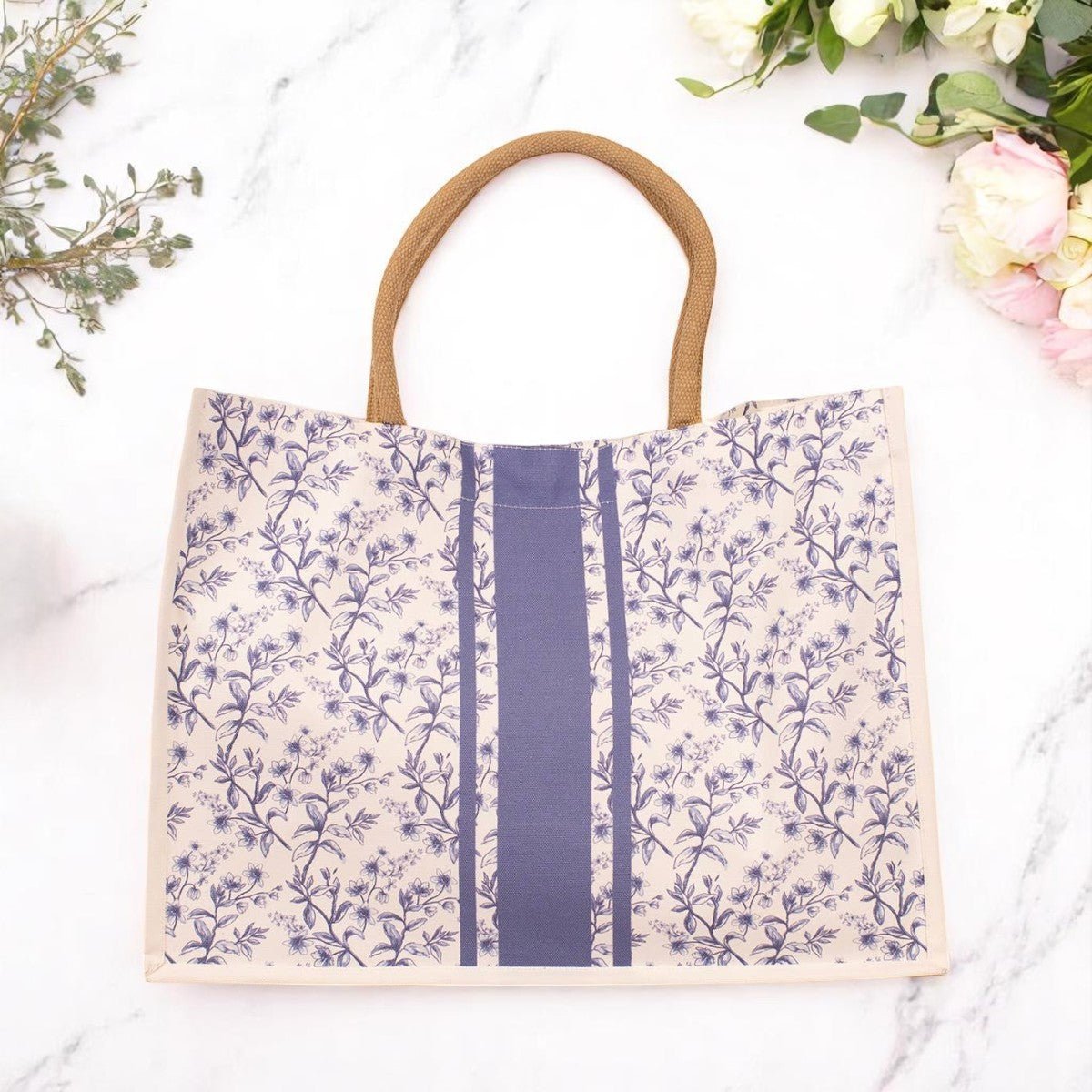 Aldridge Garden Classic Tote, White & Blue Spacious Tote, Perfect for Everyday Use, Stylish Gift for Her - Nifty Decor & More