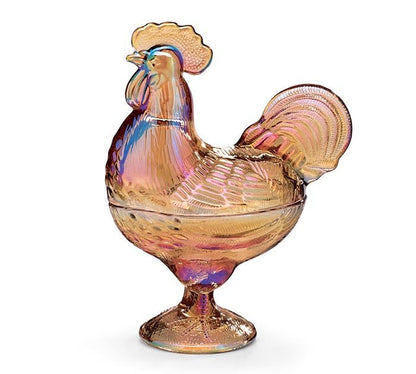 Amber Glass Rooster Dish on Pedestal | Vintage Home Decor, Kitchen Centerpiece & Collectible Art